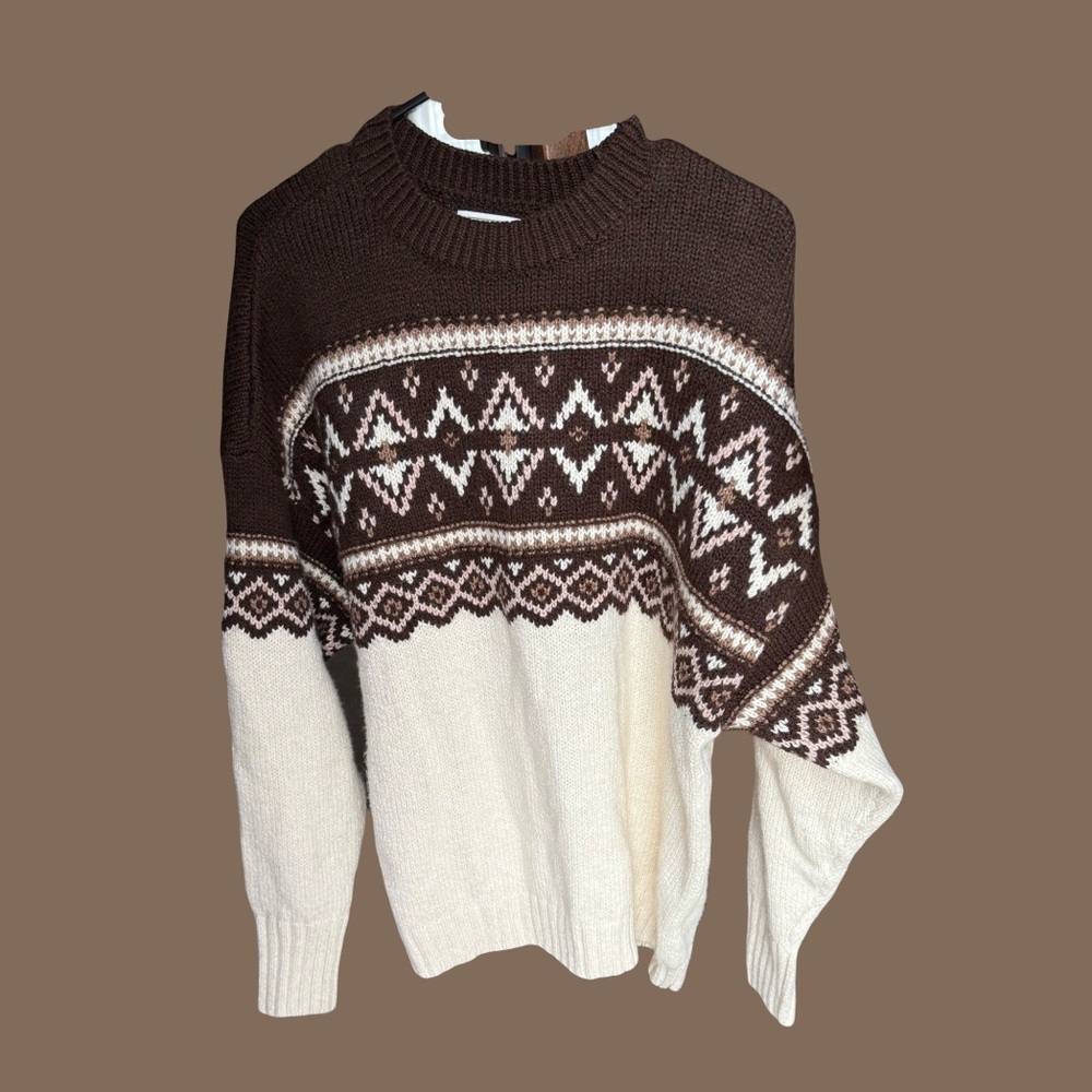 American Eagle Outfitters Brown and Cream Fair Isle Crew Neck Sweater